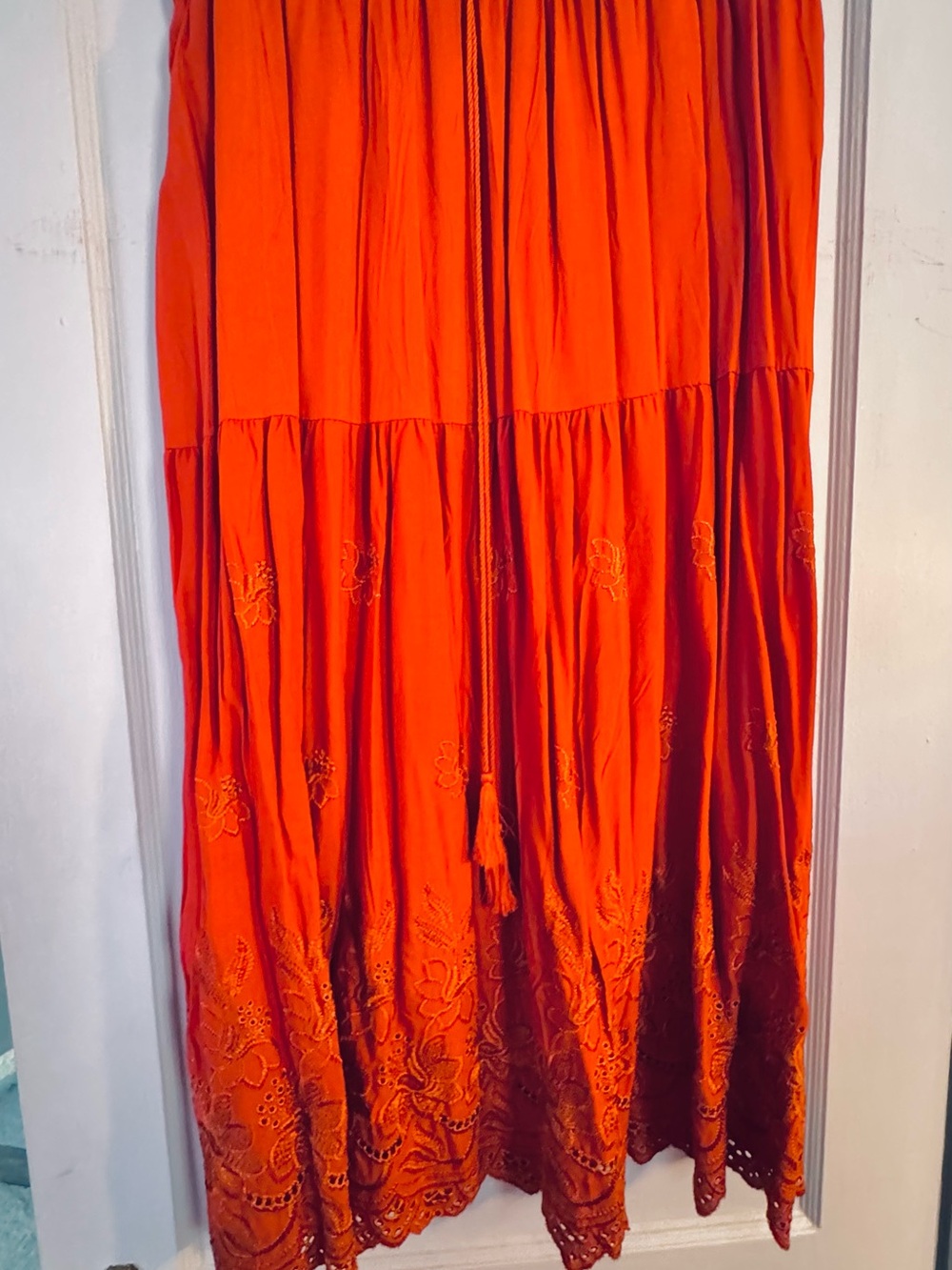 Orange Tiered Embroidered Maxi Skirt